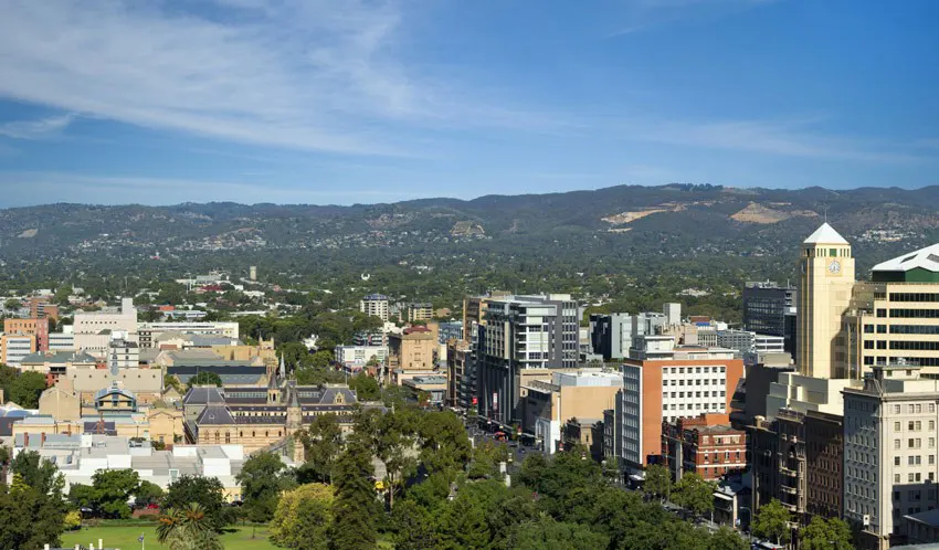 Aerial view of North Terrace in Adelaide City looking to the hills