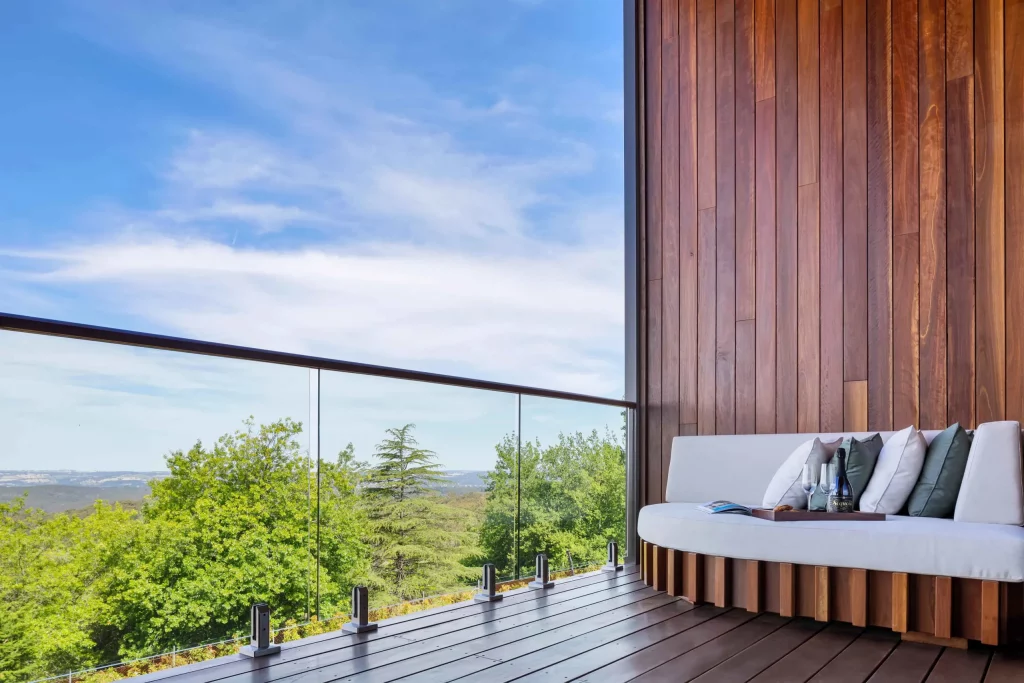 Balcony of a Sequoia Lodge suite overlooking the Adelaide Hills