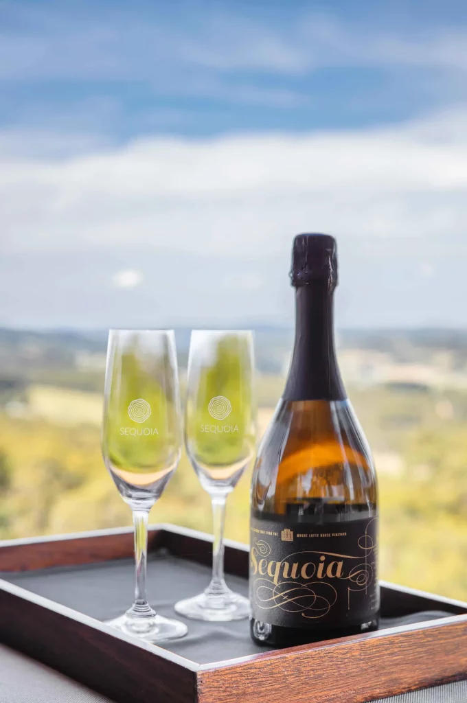 Close-up of Sequoia sparkling wine with two glasses